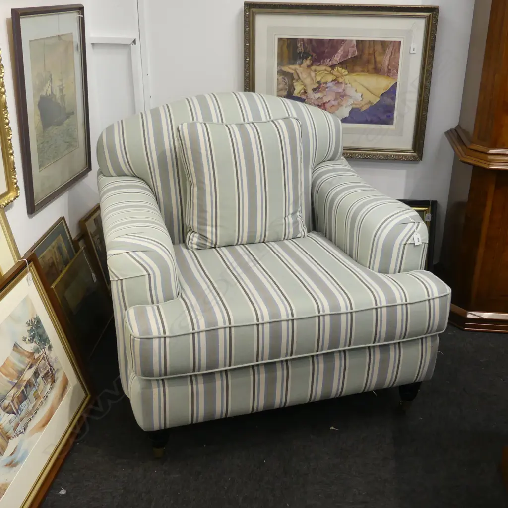 DANSKE MOBLER UPHOLSTERED ARMCHAIR; DUCK EGG & GREY STRIPE 950x950x850mm Image 1++
