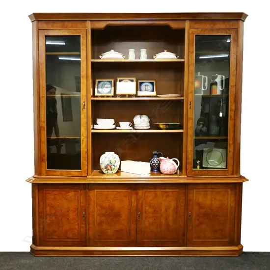 QUALITY INLAID BURR WALNUT DISPLAY CABINET, ADJUSTABLE SHELVES, 2050 x 465 x 2160mm