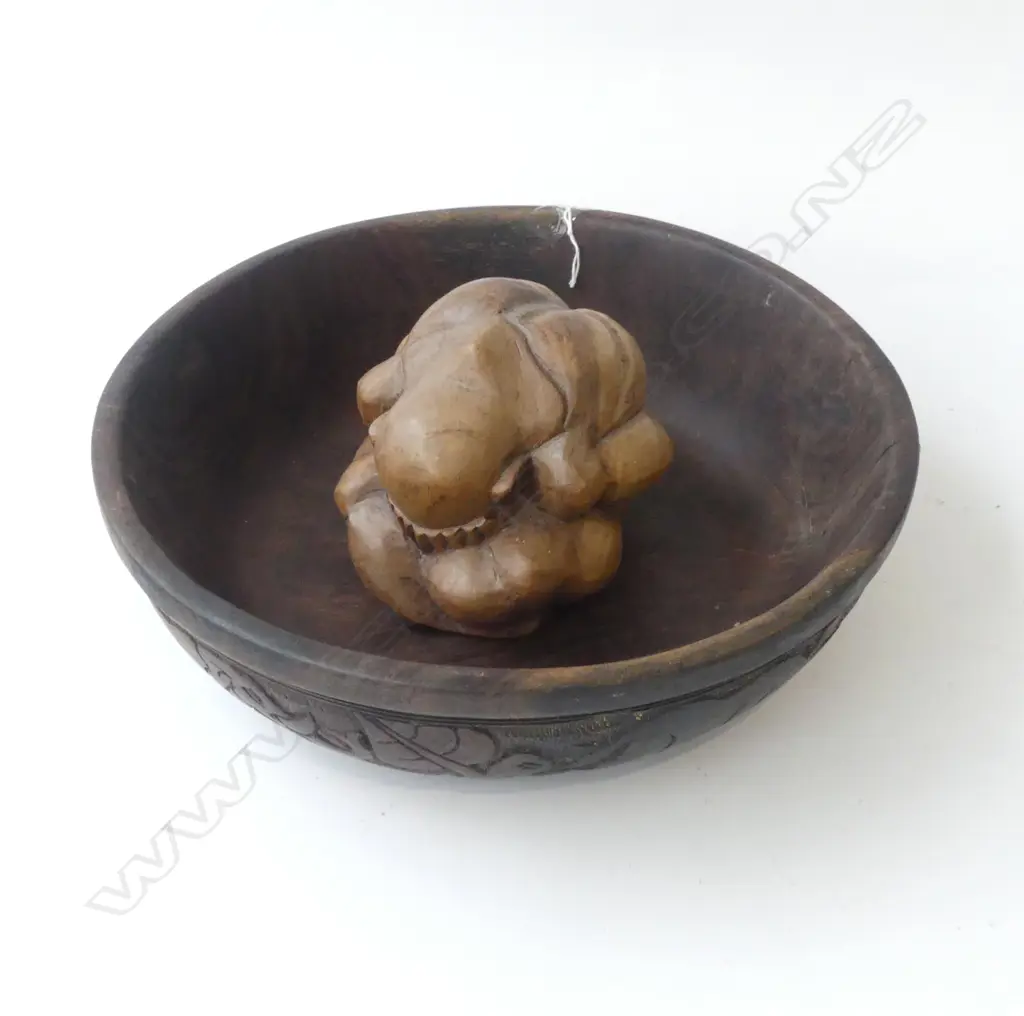 3 PCES; CARVED WOODEN BOWL 320mm dia, FIGURE, TEA CADDY Image 1++