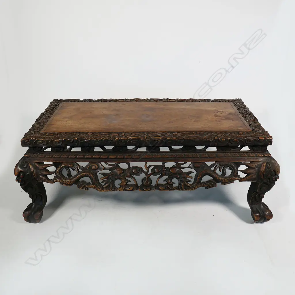 ANTIQUE CHINESE CARVED ROSEWOOD COFFEE TABLE, DISCOLOURING TO TOP, 860 x 330 x 46mm Image 1++