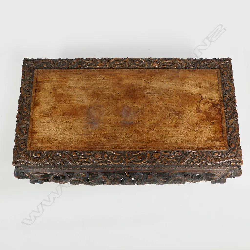 ANTIQUE CHINESE CARVED ROSEWOOD COFFEE TABLE, DISCOLOURING TO TOP, 860 x 330 x 46mm Image 1++