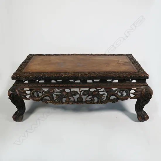 ANTIQUE CHINESE CARVED ROSEWOOD COFFEE TABLE, DISCOLOURING TO TOP, 860 x 330 x 46mm