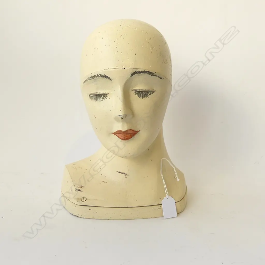 ART DECO PAINTED ALUMINIUM & WOOD LADY HEAD MANNEQUIN French style H.310mm Image 1++