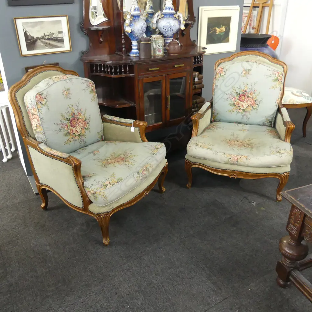 PR FRENCH STYLE ARMCHAIRS IN BLUE FLORAL LINEN UPHOLSTERY Image 1++