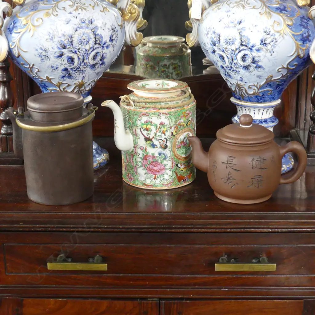  3 ORIENTAL TEA POTS; 2 YIXING WARE, 1 FAMILLE ROSE (FAULTS) H.155mm Image 1++