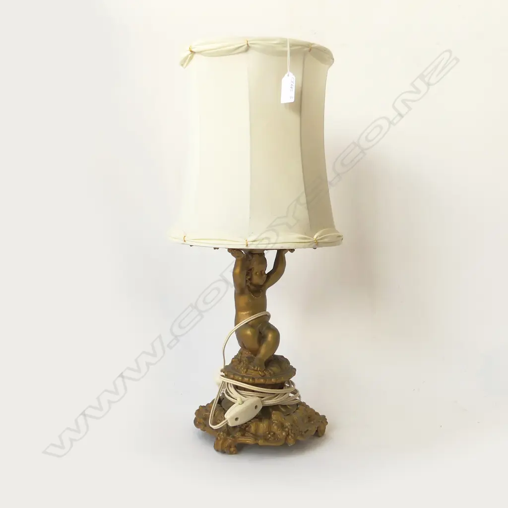 VINTAGE GILT SPELTER CHERUB BASED TABLE LAMP with shade H.520mm Image 1++
