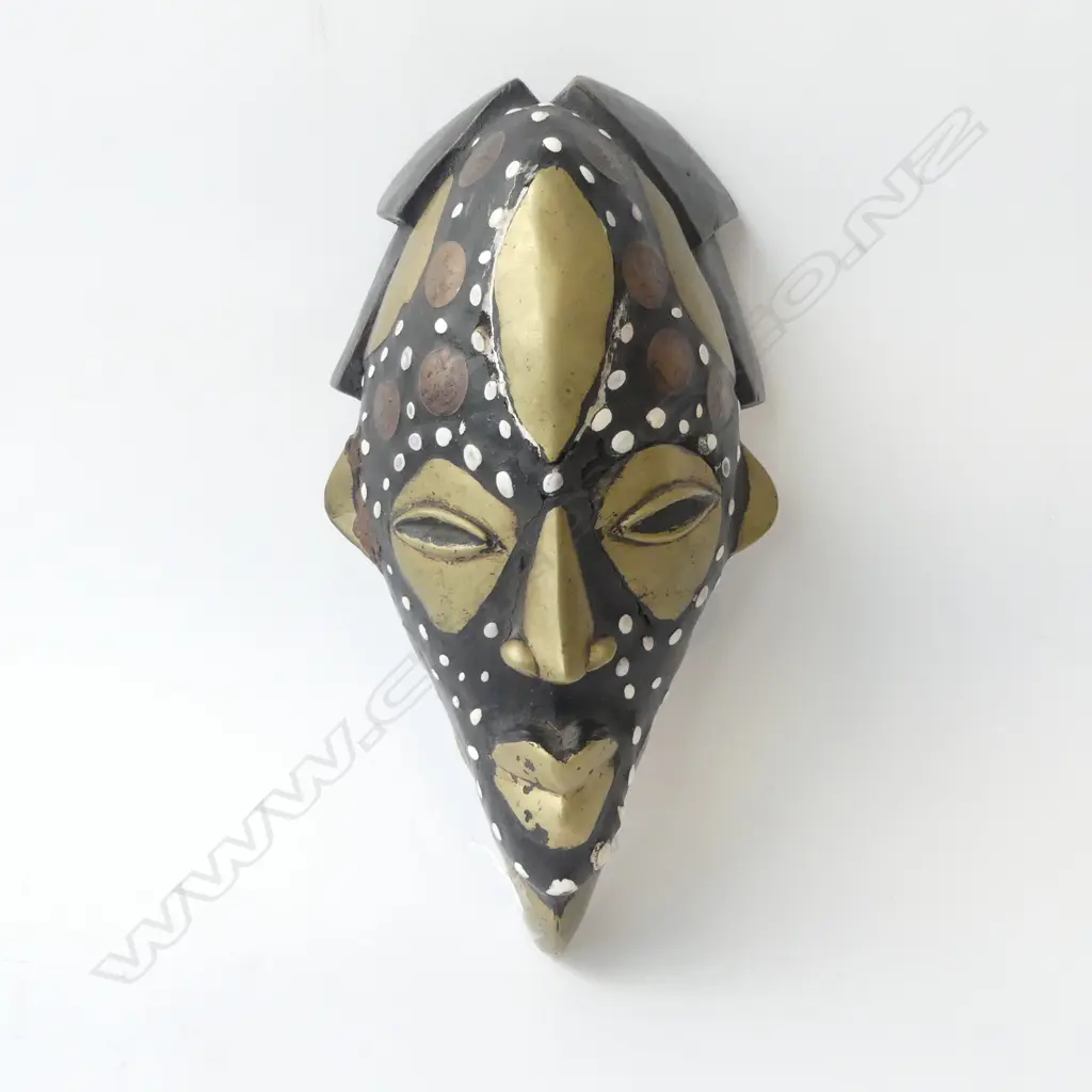 AFRICAN CARVED WOOD FACE MASK BRASS 7 COIN INLAY L320MM Image 1++