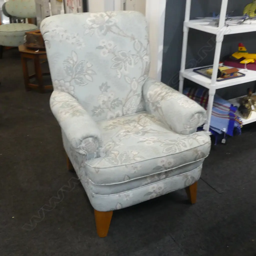 DANSKE MOBLER ARMCHAIR; BLUE FLORAL UPHOLSTERY Image 1++