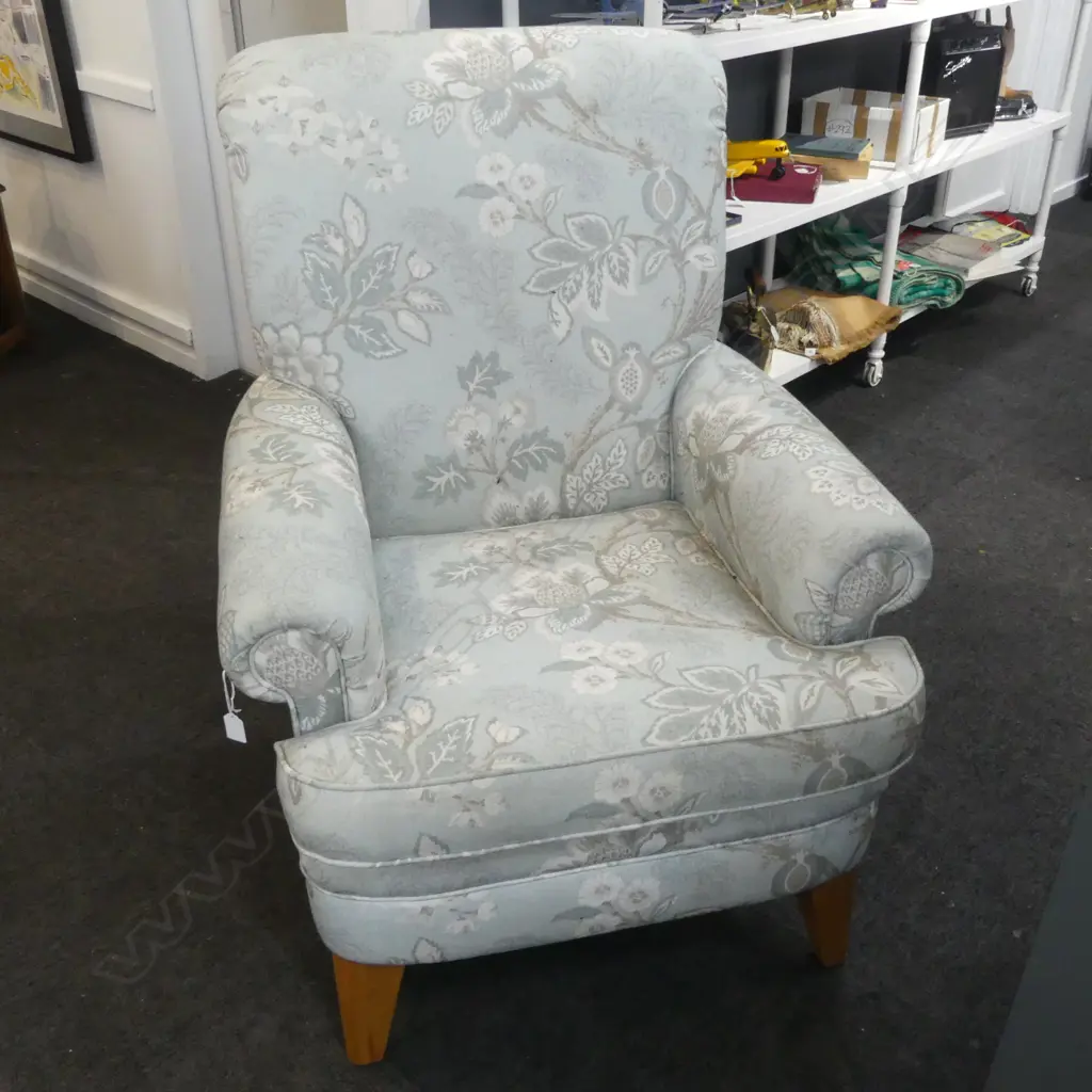 DANSKE MOBLER ARMCHAIR; BLUE FLORAL UPHOLSTERY Image 1++