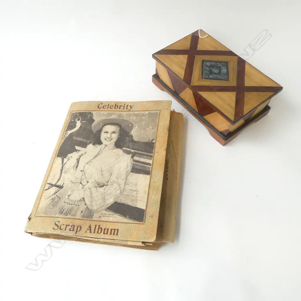 INLAID WOODEN BOX W.255mm, B/W PHOTOS OF WGTN 1940s, VINTAGE 'CELEBRITY SCRAP ALBUM' (POSTCARDS MOSTLY) Image 1++