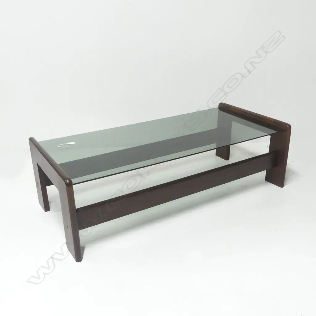 DON? MAHOGANY LONG COFFEE TABLE with smoky glass top c1980's Image 1++