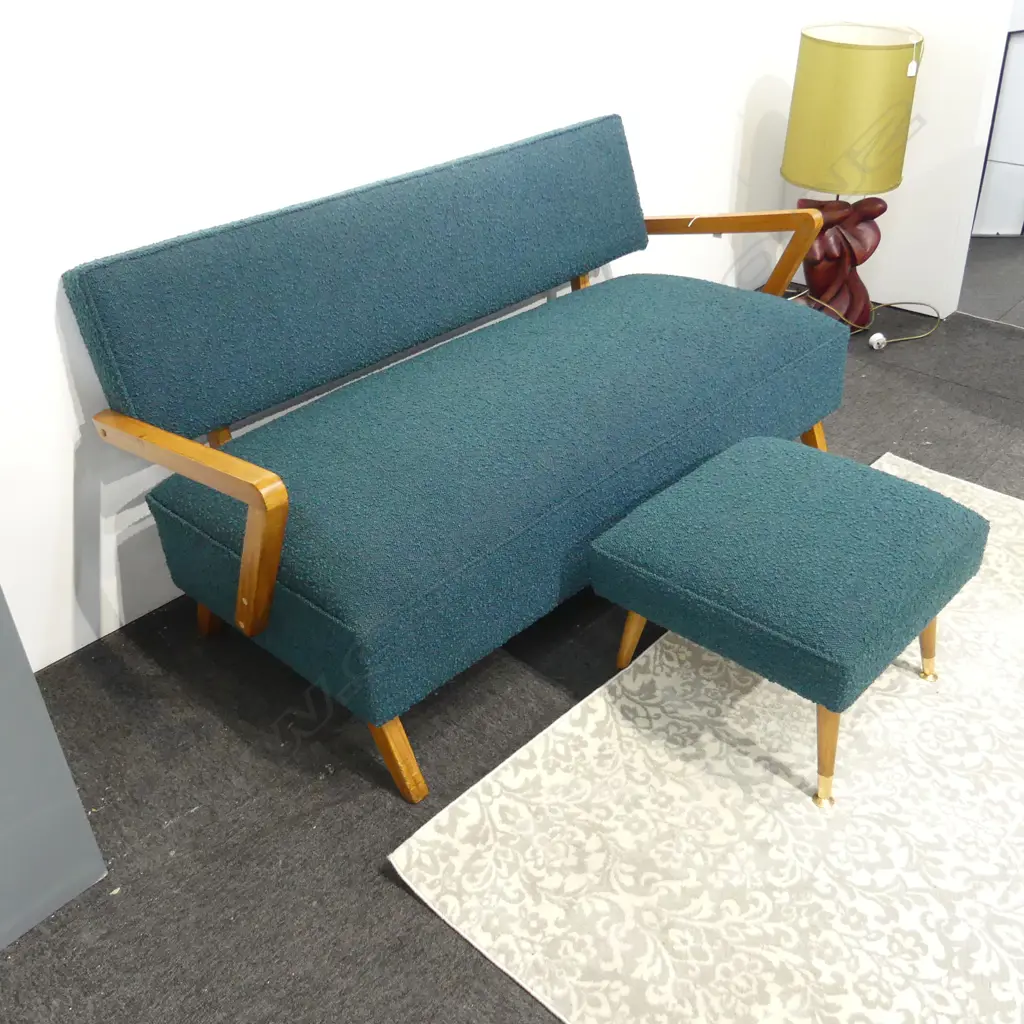 RETRO 2 SEATER SOFA + STOOL NEWLY UPHOLSTERED in 'Warwick' 'Otis' fabric also resprung Image 1++