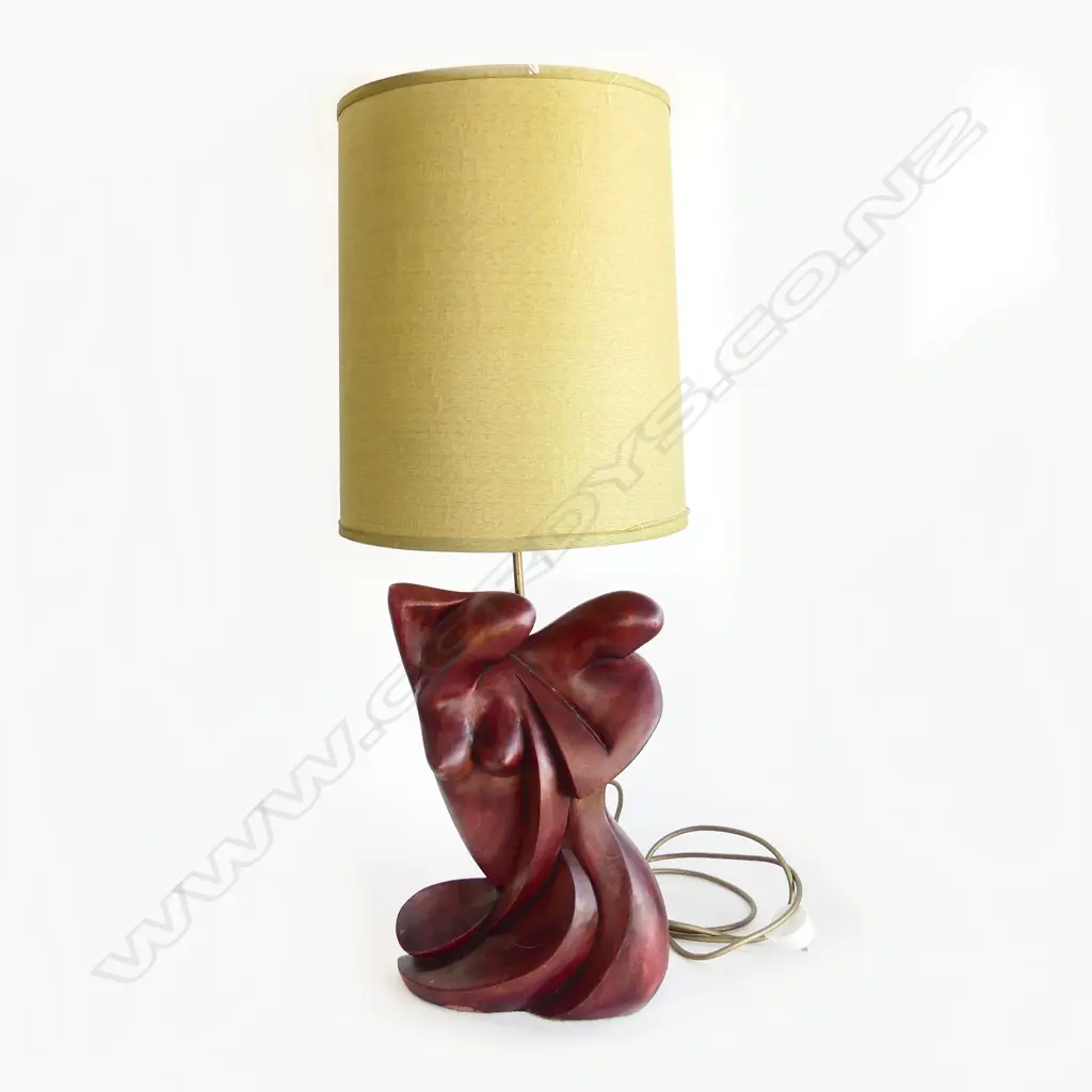 RETRO CARVED WOOD 2 FIGURE STYLISH LAMP with green gold silk shade H.840mm Image 1++
