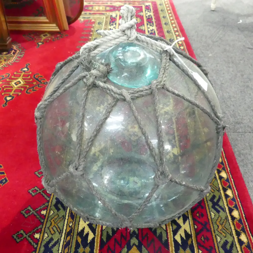 OLD GLASS FISHING FLOAT w. NETTING APPROX DIA.310mm hand blown Image 1++