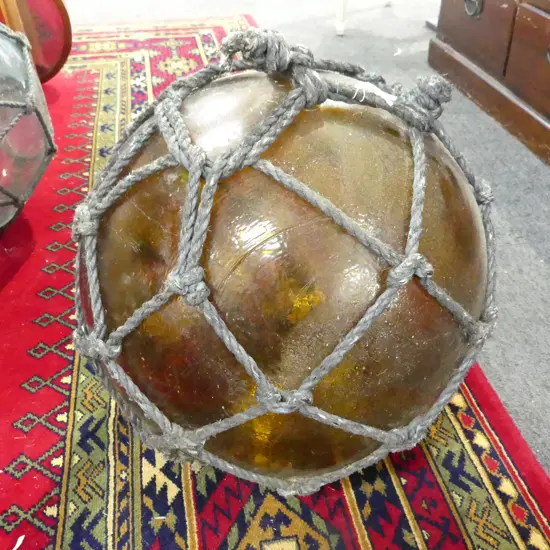 OLD GLASS FISHING FLOAT w. NETTING APPROX DIA.310mm hand blown