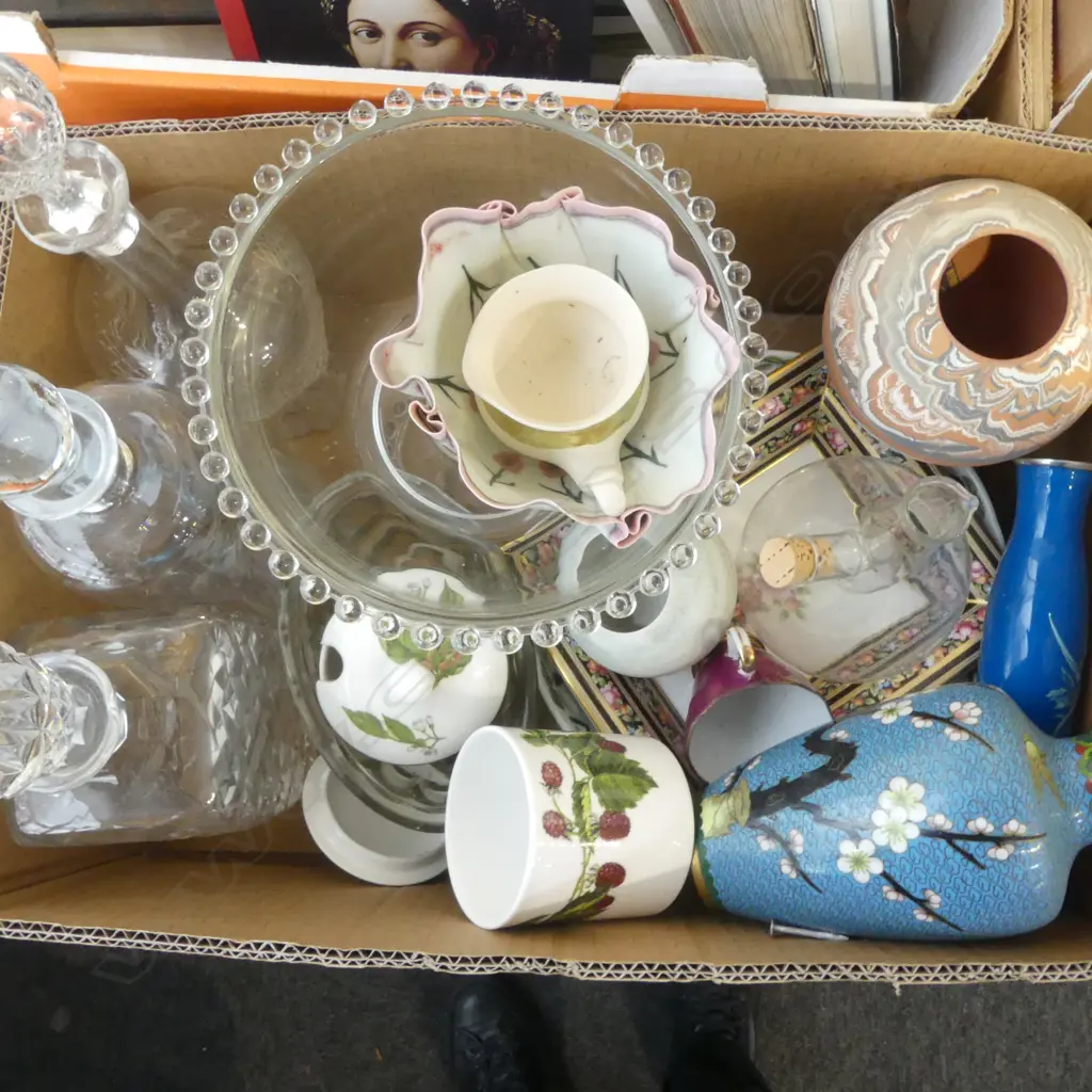 3 DECANTERS, CLOISONNE VASE ETC Image 1++