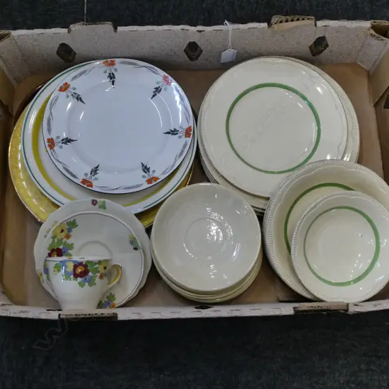 CLARICE CLIFF PART DINNER SET, EARLY CROWN LYNN SAUCERS, SHELLEY PLATE ETC