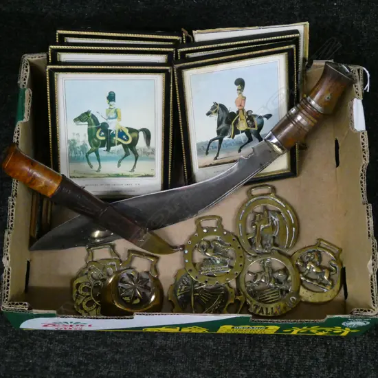 2 KNIVES; GURKHA L.430mm + OTHER IN SCABBARD, HORSE BRASSES, PRINTS