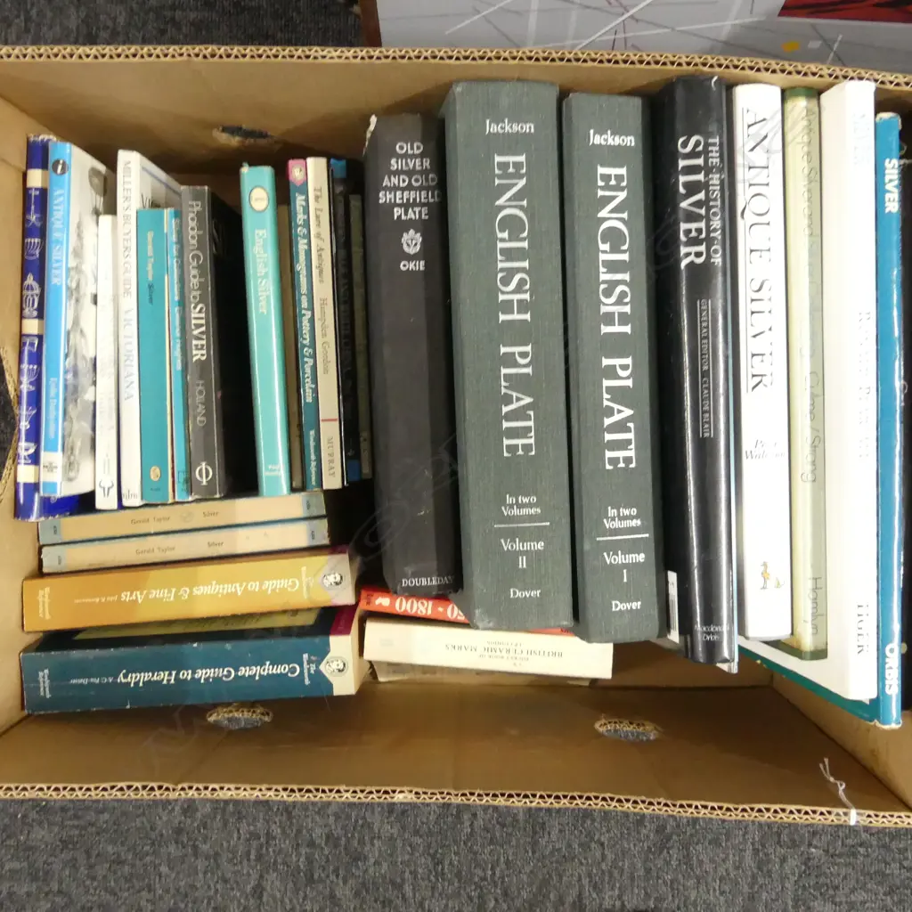 BOX BOOKS ON ANTIQUE SILVER REFERENCE BOOKS etc includes JACKSON ENGLISH PLATE + Old Silver & Old Sheffield Plate etc Image 1++