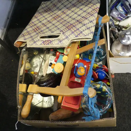 ASST. ITEMS; SAW, DECO GLASS, TOYS ETC