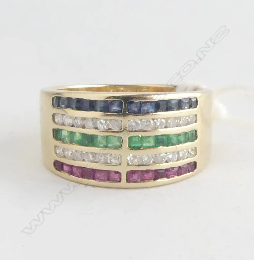 14CT YG RUBY, SAPPHIRE & DIAMOND BAND RING SIZE O 6gms RV $3600 Image 1++