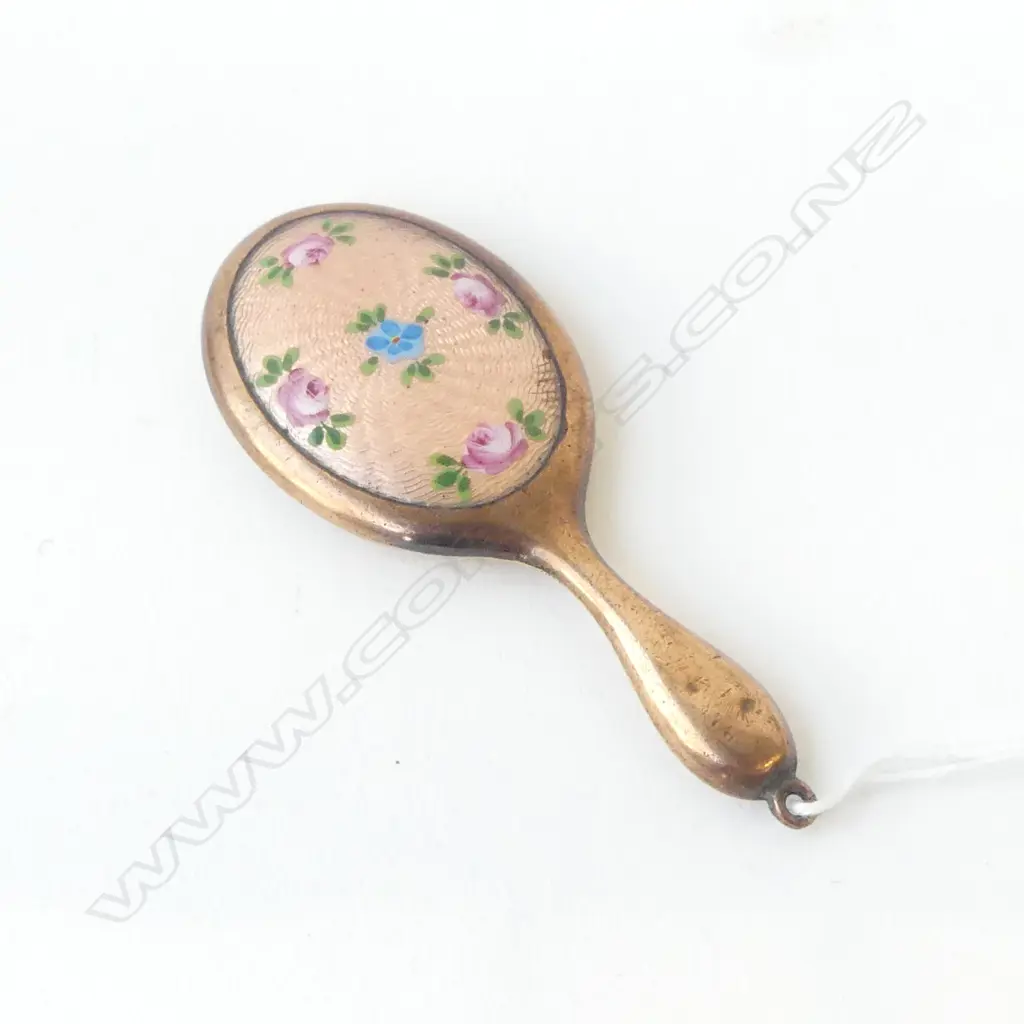 VINTAGE MINIATURE GUILLOCHE ENAMEL FLORAL HAND MIRROR, L.75MM Image 1++