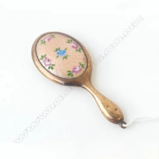 VINTAGE MINIATURE GUILLOCHE ENAMEL FLORAL HAND MIRROR, L.75MM