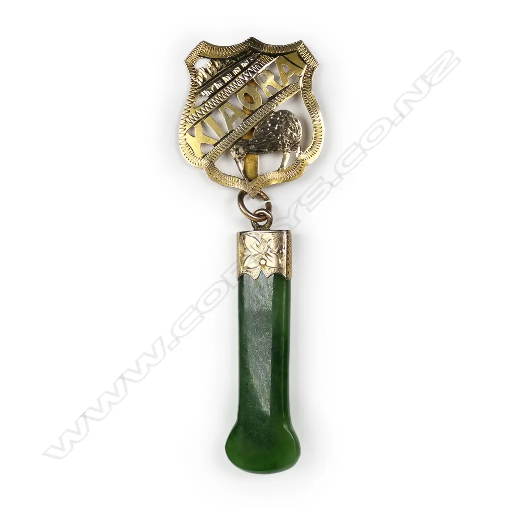 c1900 9CT GOLD 'KIAORA' w KIWI FOB & POUNAMU & 9CT GOLD PENDANT, 6.8gms Image 1++