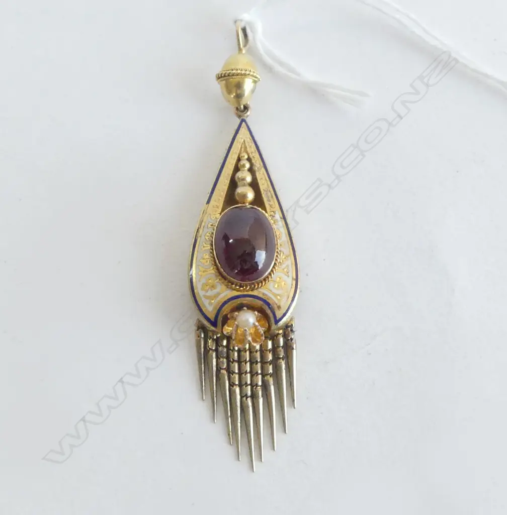VICTORIAN 15ct yellow GOLD ENAMEL & ALMADINE GARNET PENDANT w tassle fringe 6.5gms Image 1++