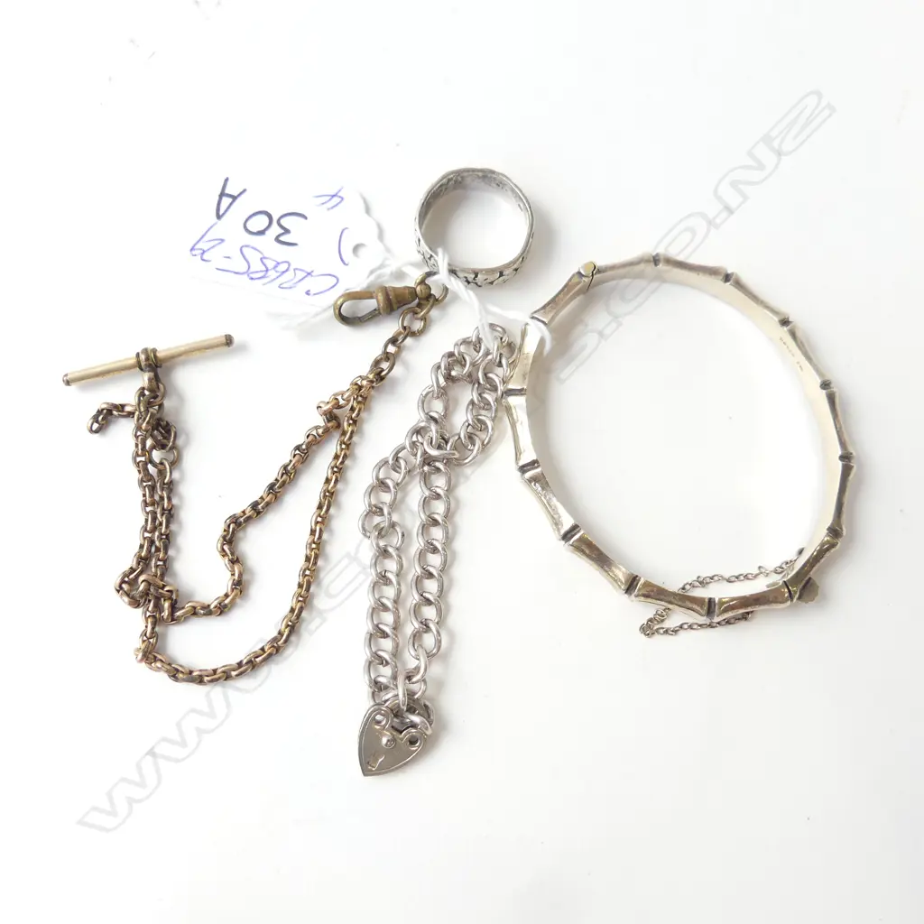 ASST. JEWELLERY: Bamboo silver hinged bangle + silver bracelet + gold plate bracelet + silver ring  Image 1++