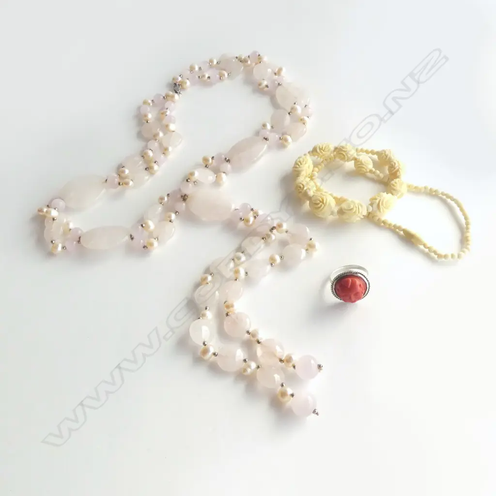 ROSE QUARTZ NECKLACE BONE NECKLACE & RED CORAL FACE RING Image 1++