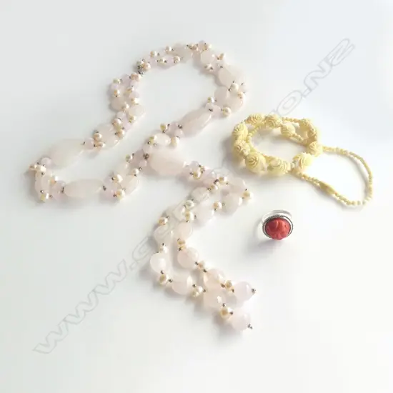 ROSE QUARTZ NECKLACE BONE NECKLACE & RED CORAL FACE RING
