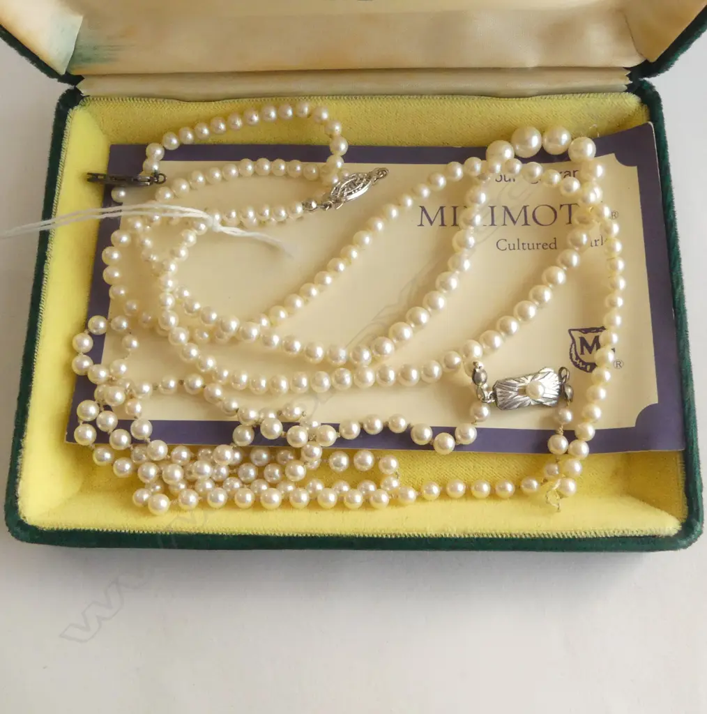 3 PEARL NECKLACES; 2 MIKIMOTO ONE NEEDS RETHREADING (w. BOX & CERT) ONE FAUX PEARL Image 1++