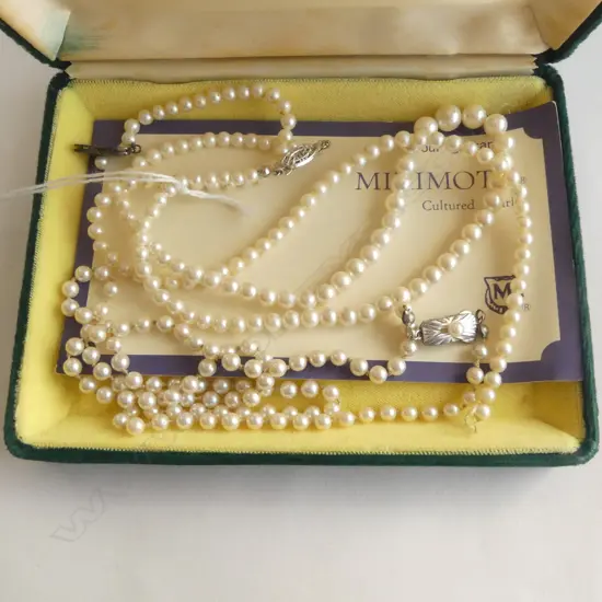 3 PEARL NECKLACES; 2 MIKIMOTO ONE NEEDS RETHREADING (w. BOX & CERT) ONE FAUX PEARL