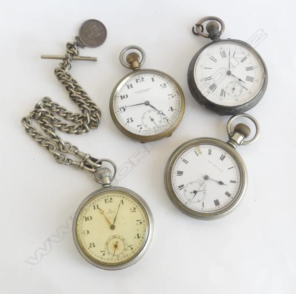 4 OPEN FACED POCKET WATCHES: 1 SILVER with calender to back a.f + 1 x Omega w fob chain & Eiffel tour medallion Image 1++