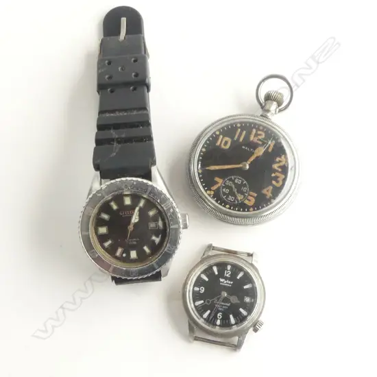 3 VINTAGE BLACK FACED GENT'S WATCHES: CITIZEN DIVE + WALTHAM O/F POCKET glass cracked + other a.f