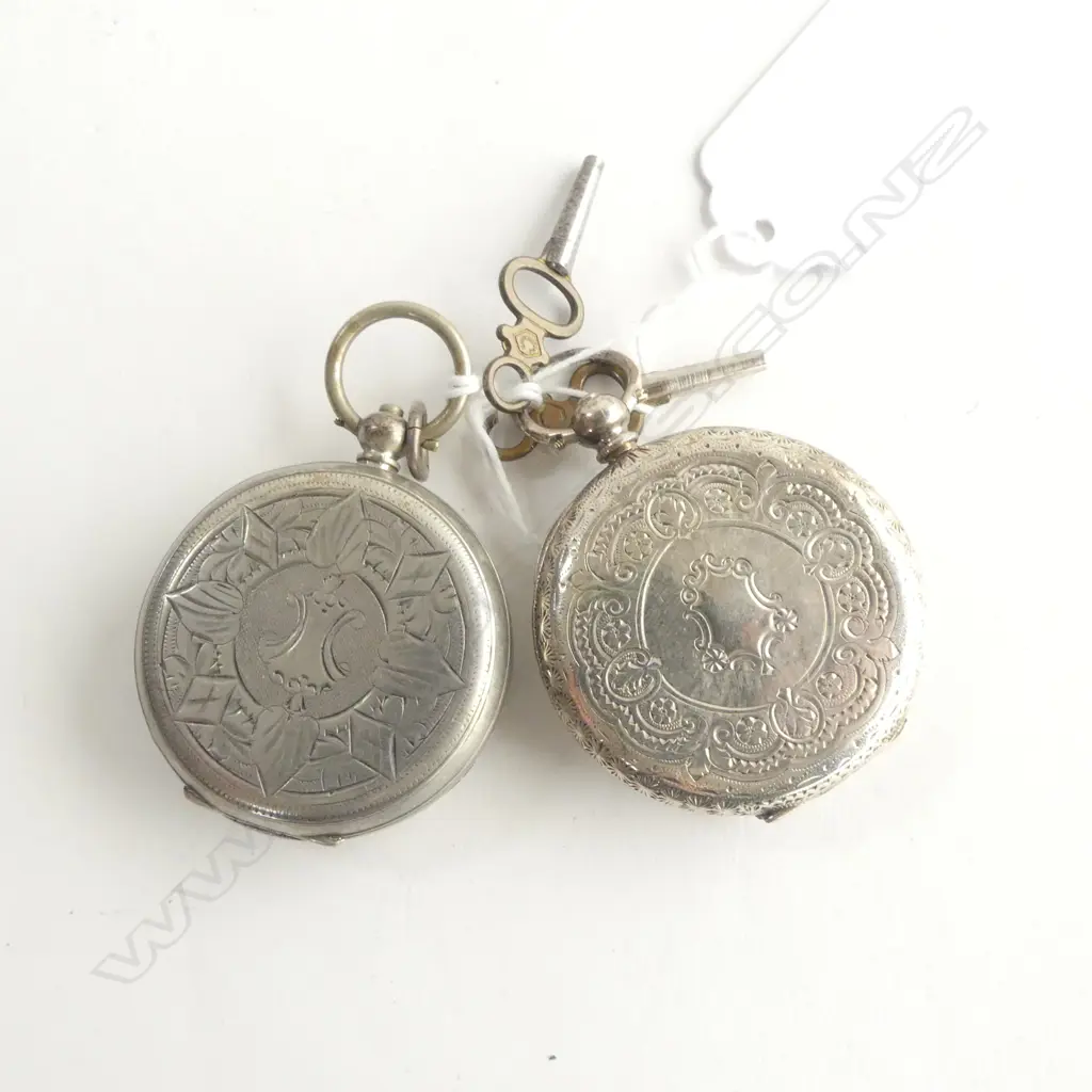 2 C1900 MID-SIZE SILVER POCKET WATCHES enamelled dials w gilt + 2 keys Image 1++