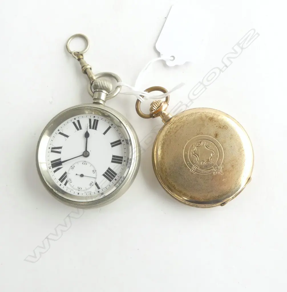 2 VINTAGE POCKET WATCHES: GOLD PLATE & WHITE METAL both running Image 1++