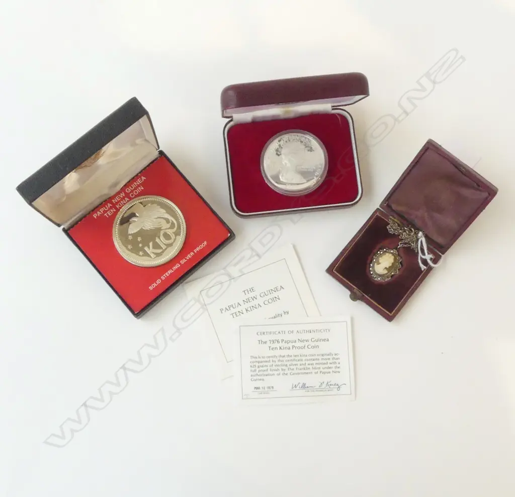 2 SILVER PROOF COINS + CAMEO NECKLACE Image 1++