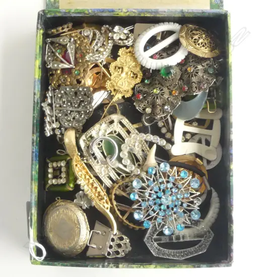 BOX OF COSTUME BUCKLES, BROOCHES, ETC