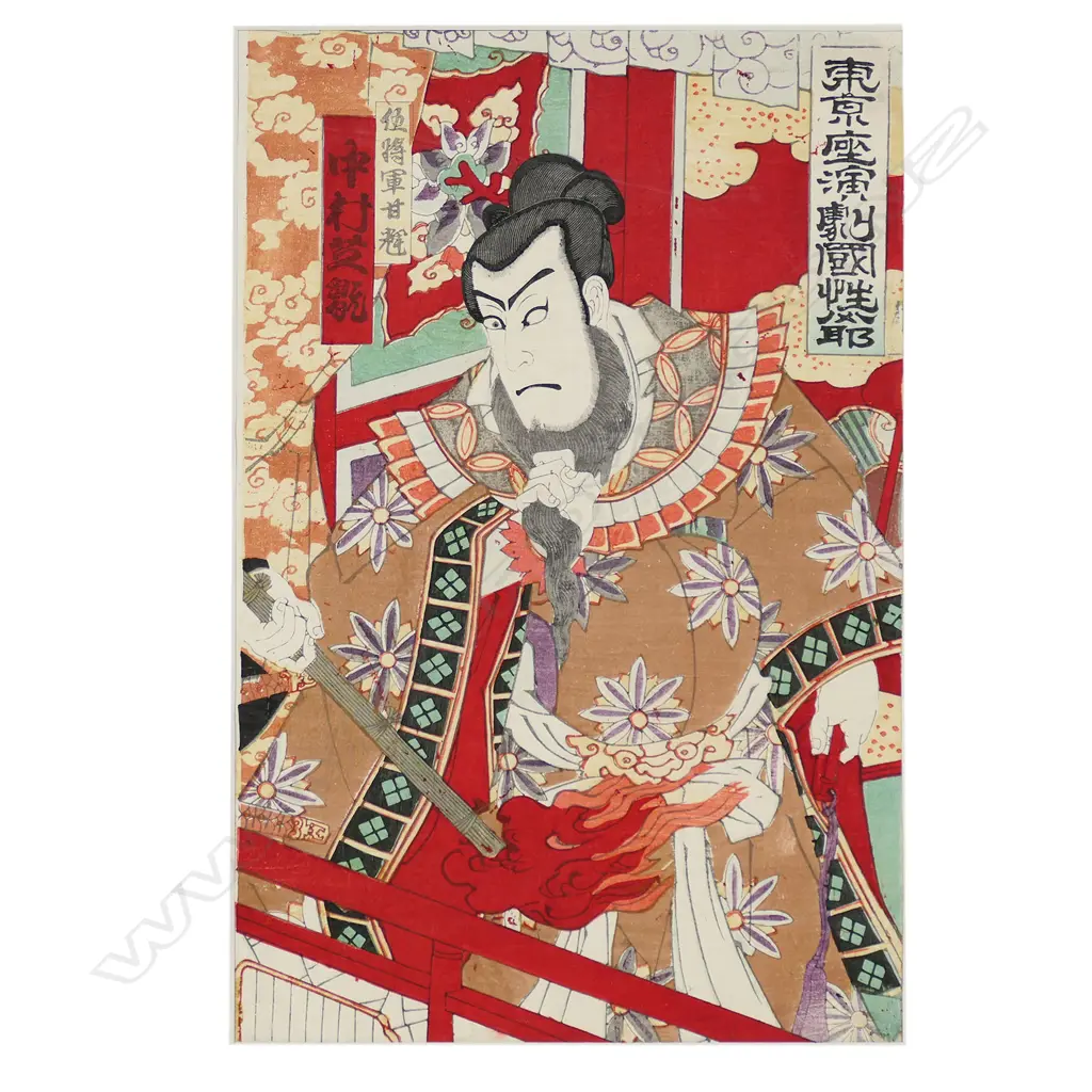 A Japanese woodblock print by Toyohara Kunichika (1835-1900), of a kabuki theatre actor, oban size 360 x 230mm. Mounted Image 1++