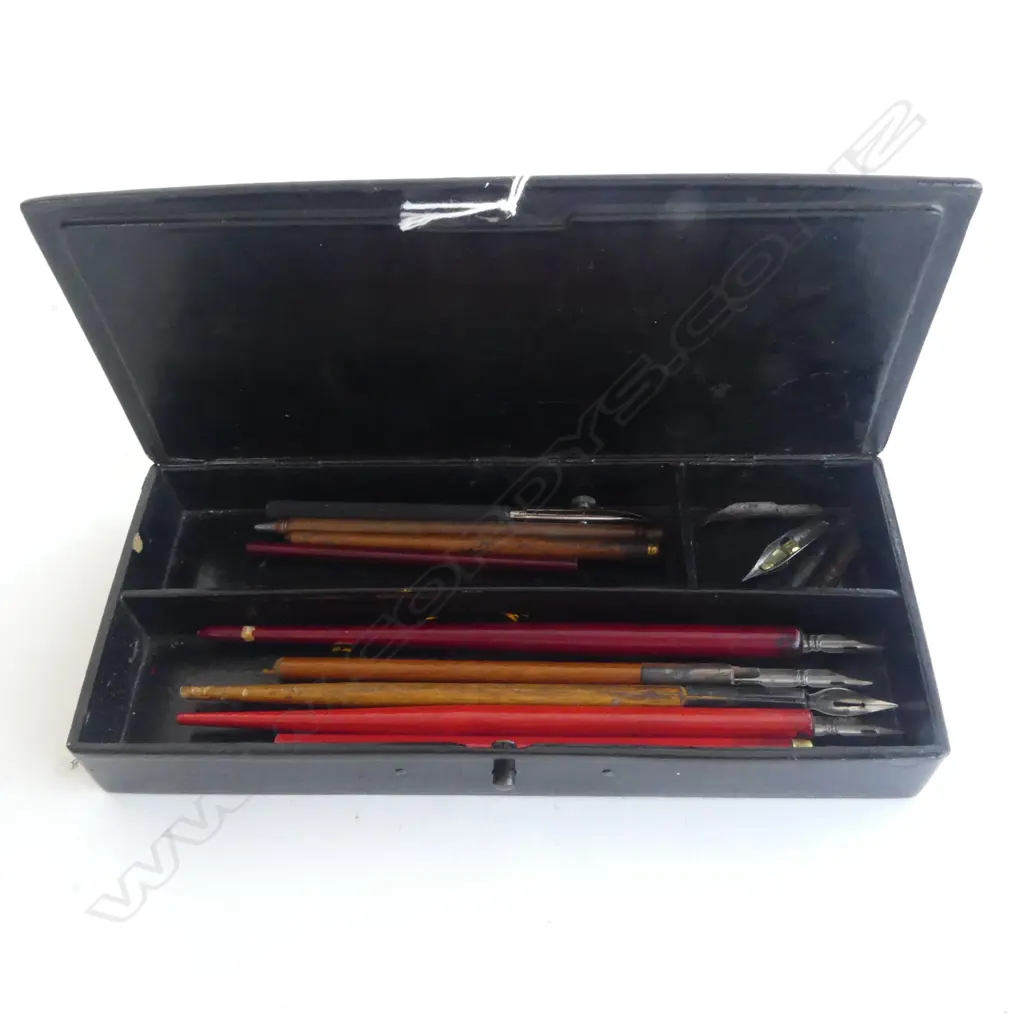 JAPANESE CHINOISERIE PEN BOX WITH PENS & NIBS L220MM Image 1++