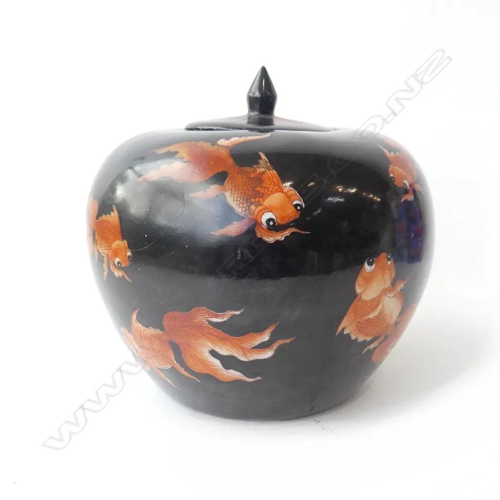 ORIENTAL LIDDED JAR; GOLDFISH ON BLACK GROUND (REPAIRS) H.240mm Image 1++
