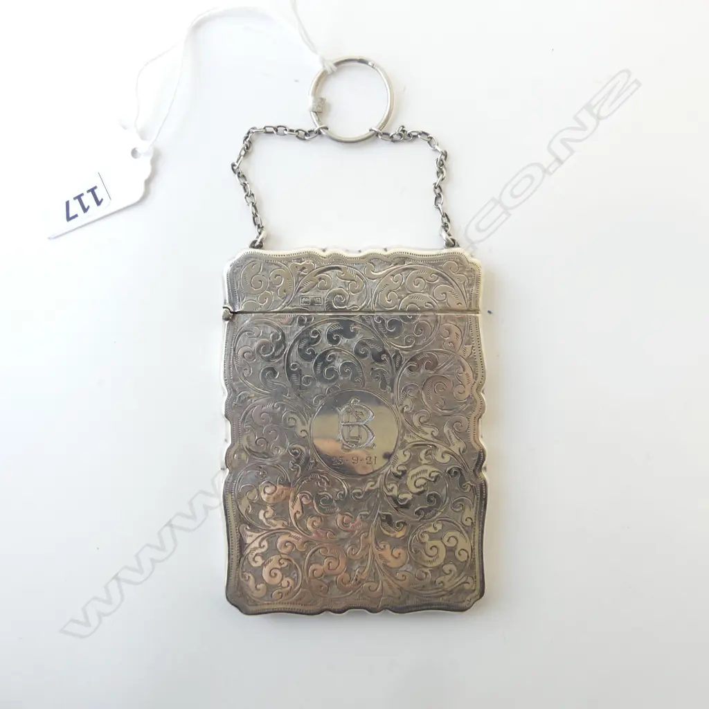 1912 SILVER SCROLL ENGRAVED CARD CASE with finger ring Birmingham 1912 79gms Image 1++