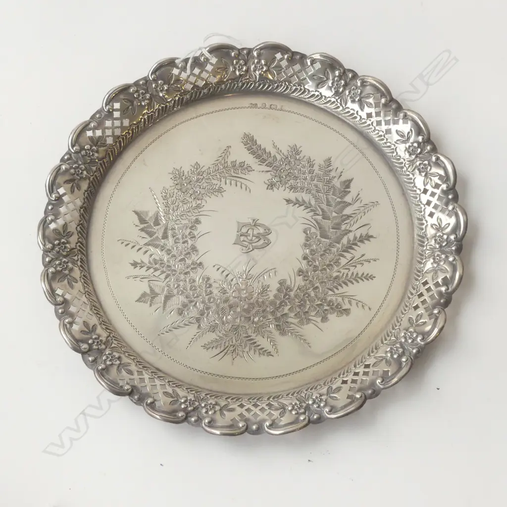 STG SILVER SALVER TRAY, PIERCED & ENGRAVED W. FERNS, B'HAM 1903 174gms 205mm dia Image 1++