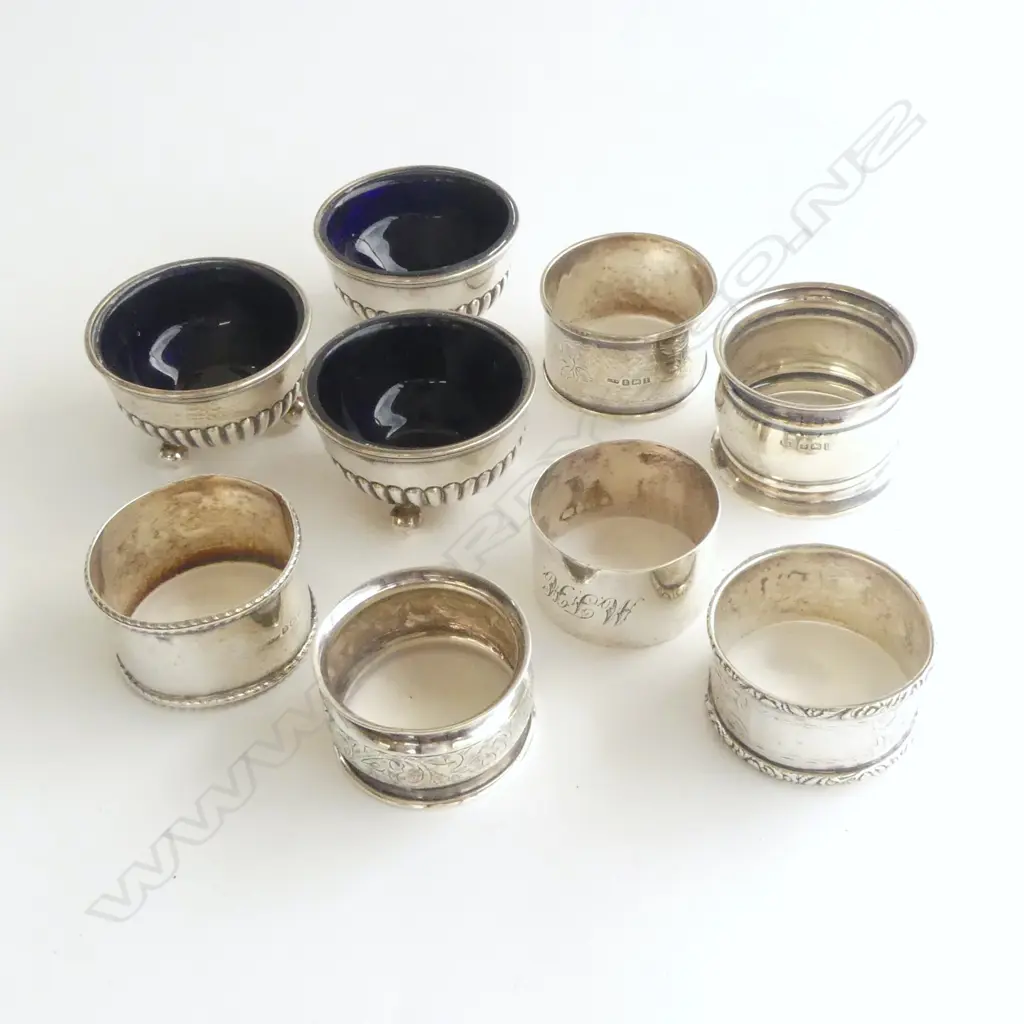 6 ASST. STG SILVER NAPKIN RINGS, 105gms + 3 STG SALTS (GLASS NOT REMOVABLE) Image 1++