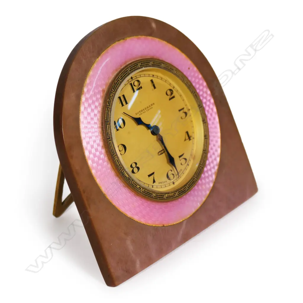 ROTHERHAMS ART DECO BAKELITE + GUILLOCHE ENAMEL DESK CLOCK 8 day. Running H.90mm Image 1++