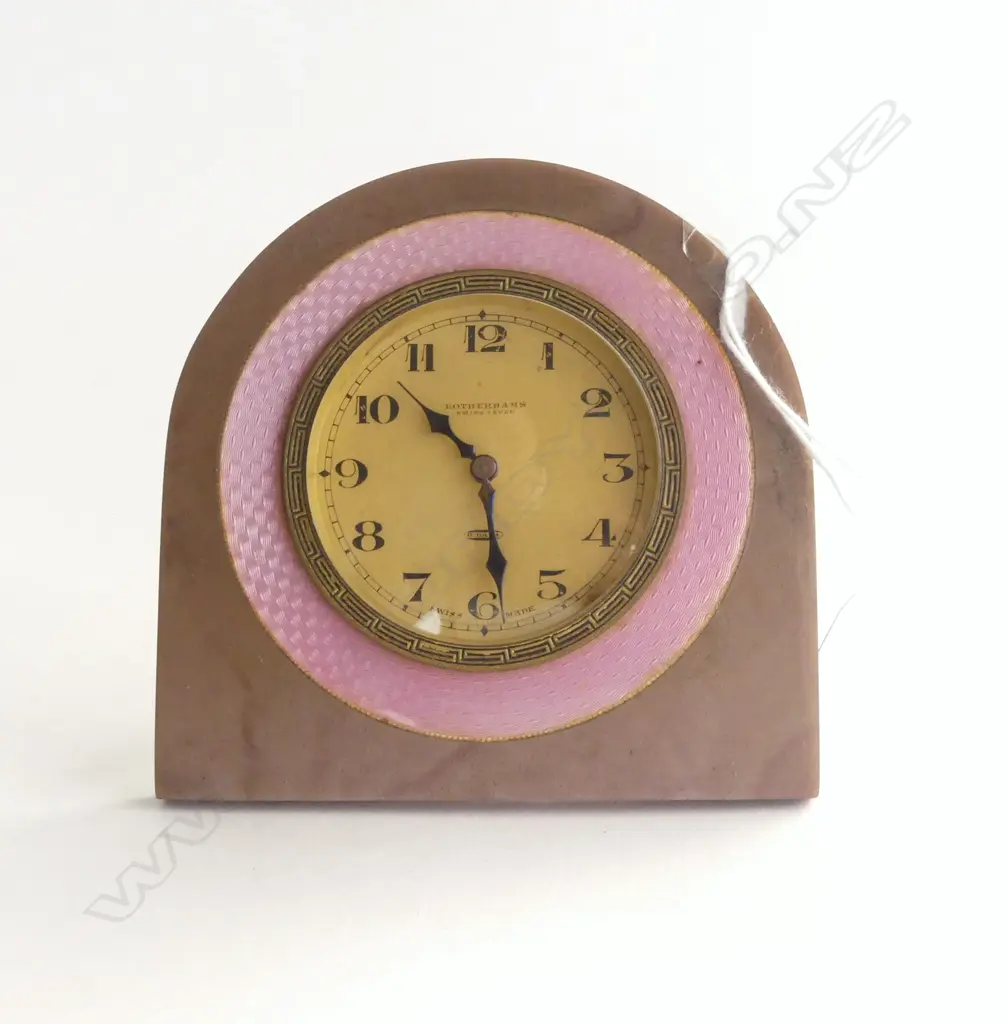 ROTHERHAMS ART DECO BAKELITE + GUILLOCHE ENAMEL DESK CLOCK 8 day. Running H.90mm Image 1++