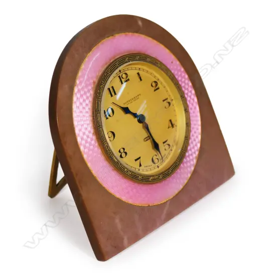 ROTHERHAMS ART DECO BAKELITE + GUILLOCHE ENAMEL DESK CLOCK 8 day. Running H.90mm