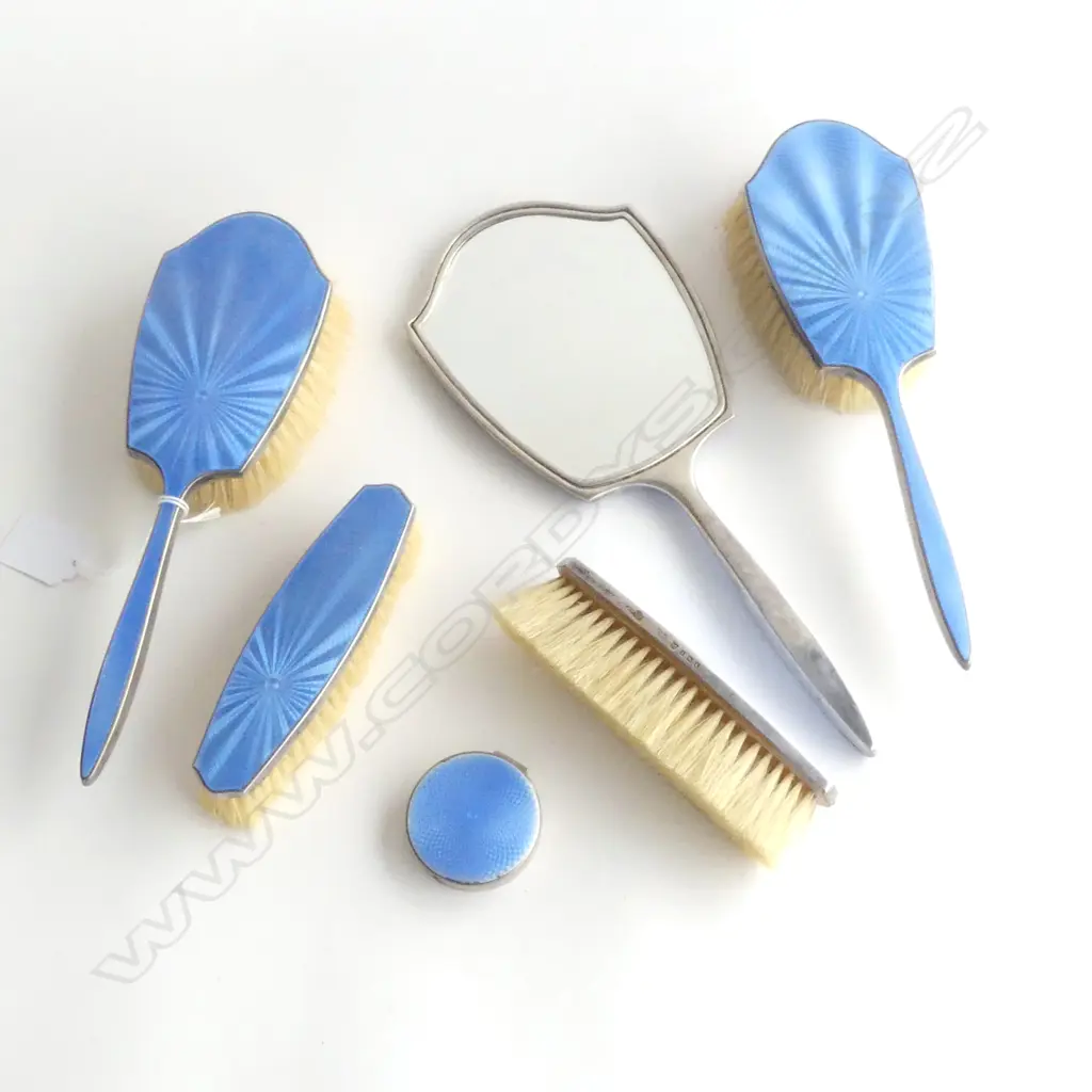 6 PCE STG SILVER & BLUE GUILLOCHE DRESSING SET, B'HAM 1936 Image 1++